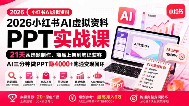 (20231期)2026小红书AI虚拟资料PPT实战课:21天从选题制作、商品上架到笔记获客,AI三分钟做PPT赚4000+跑通变现闭环