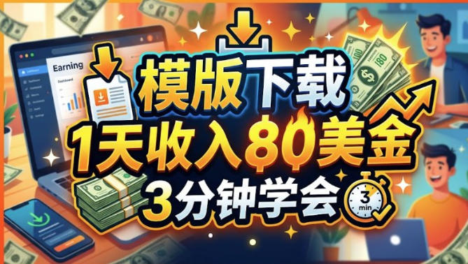 模版下载，1天收入80美刀，0门槛，3分钟学会