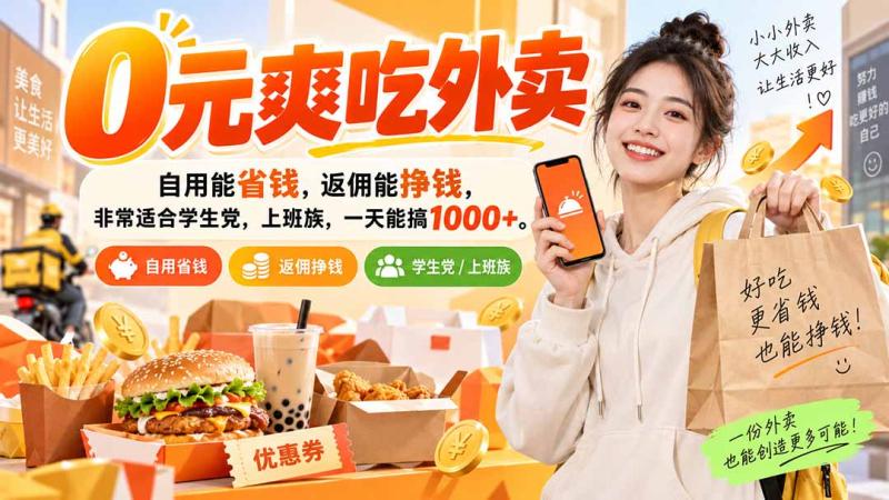（20310期）0元爽吃外卖，自用能省钱，返佣能挣钱，非常适合学生党，上班族，一天能搞1000+