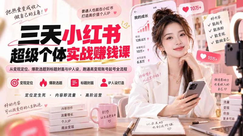 (20331期)三天小红书超级个体实战赚钱课:从变现定位、爆款选题到标题封面与IP人设,跑通高变现账号起号全流程