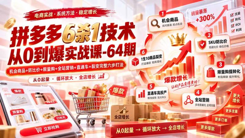 （20316期）拼多多6杀1技术从0到爆实战课-64期：机会商品+防比价+限量购+全站营销+直通车+裂变完整六步打法