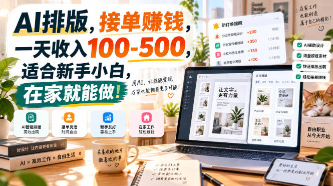 AI排版，接单賺钱，一天收入100-500，适合新手小白，在家就能做！