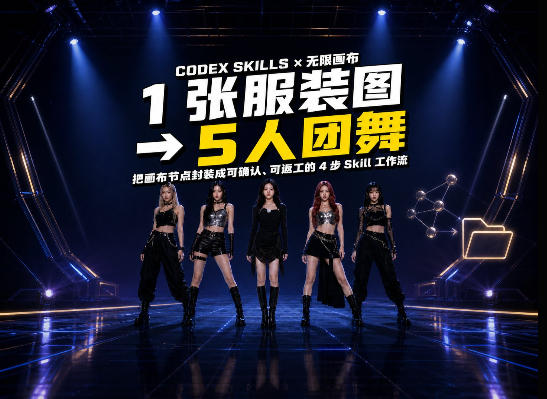一张服装图生成五人团舞视频：我把 Codex+无限画布工作流做成了Skill