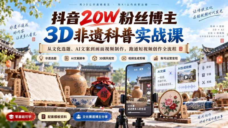 （20356期）抖音20W粉丝博主3D非遗科普实战课：从文化选题、AI文案到画面视频制作，跑通短视频创作全流程