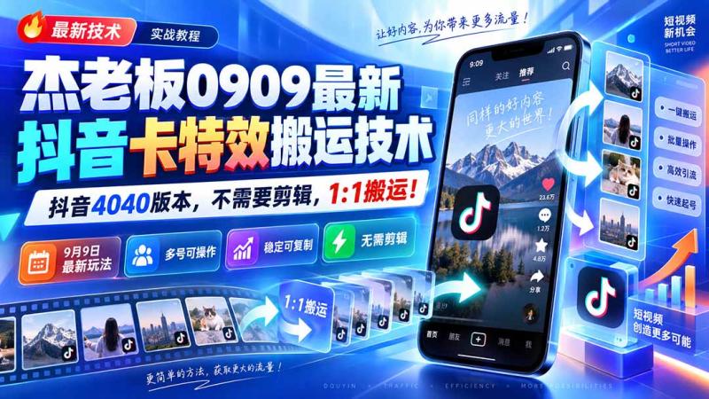 （20369期）杰老板0909最新抖音卡特效搬运技术，抖音4040版本，不需要剪辑，1:1搬运！
