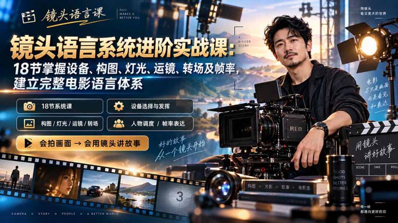 （20434期）镜头语言系统进阶实战课：18节掌握设备、构图、灯光、运镜、转场及帧率，建立完整电影语言体系