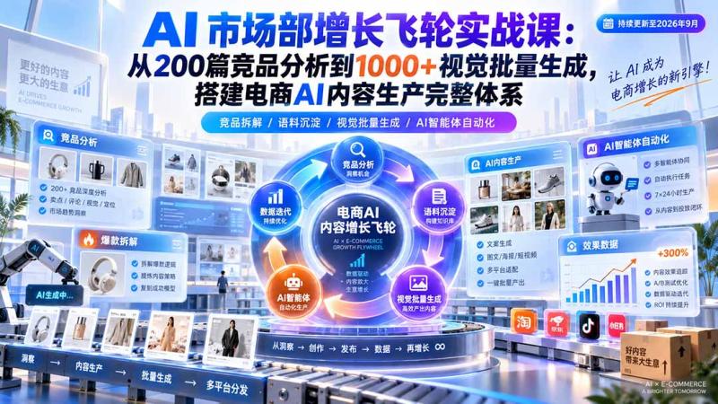 （20436期）AI 市场部增长飞轮实战课：从200篇竞品分析到1000+视觉批量生成，搭建电商AI内容生产完整体系
