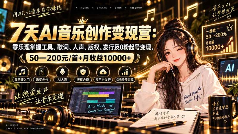 (20442期)AI音乐创作变现营:零乐理掌握工具、歌词、人声、版权、发行及0粉起号变现,50—200元/首+月收益10000+