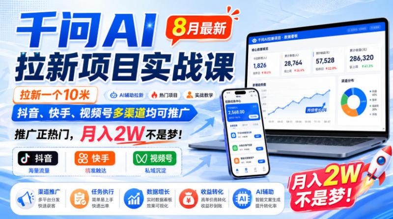 千问AI拉新项目实战课8月最新，拉新一个10米，抖音、快手、视频号多渠道均可推广，推广正热门，月入2W不是梦!