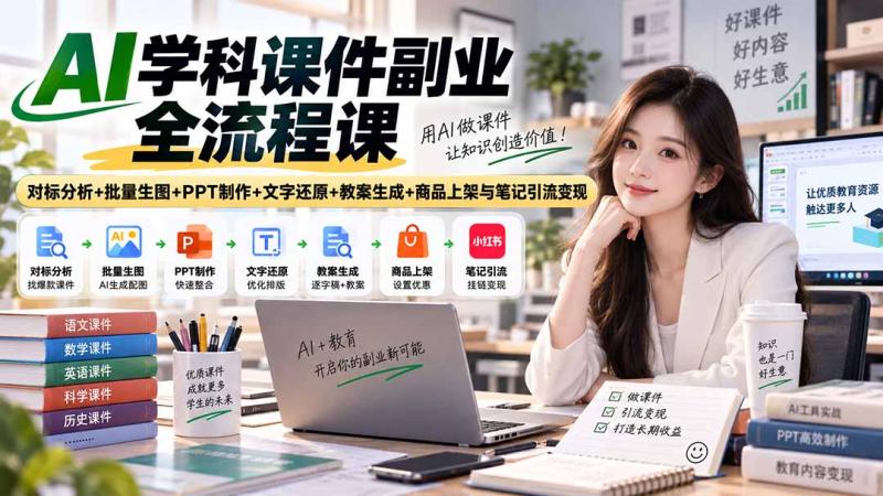 (20469期)AI学科课件副业全流程课|对标分析+批量生图+PPT制作+文字还原+教案生成+商品上架与笔记引流变现
