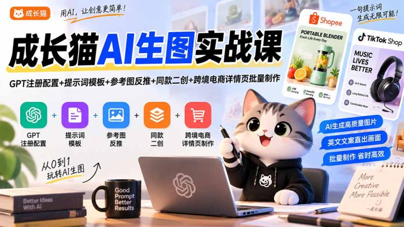 （20482期）成长猫AI生图实战课｜GPT注册配置+提示词模板+参考图反推+同款二创+跨境电商详情页批量制作
