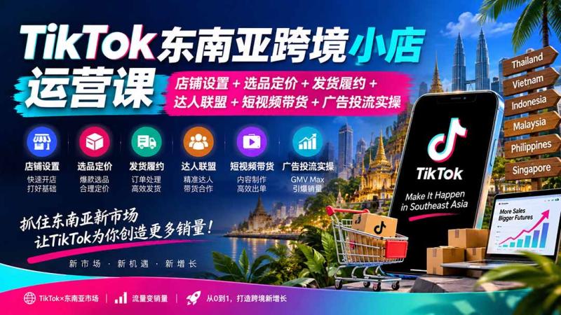 （20483期）TikTok东南亚跨境小店运营课：店铺设置+选品定价+发货履约+达人联盟+短视频带货+广告投流实操