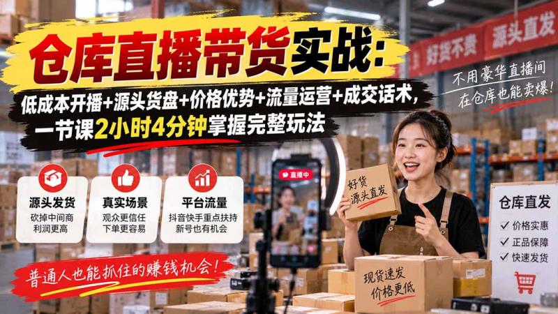 （20471期）仓库直播带货实战：低成本开播+源头货盘+价格优势+流量运营+成交话术，一节课2小时4分钟掌握完整玩法