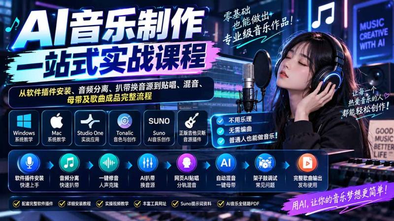 （20490期）AI音乐制作一站式实战课程：从软件插件安装、音频分离、扒带换音源到贴唱、混音、母带及歌曲成品完整流程