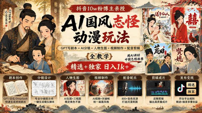 （20538期）抖音10w粉博主亲授AI国风志怪动漫玩法｜GPT写剧本+AI分镜+人物生图+视频制作+配音剪辑全教学｜精选+独家日入1k+