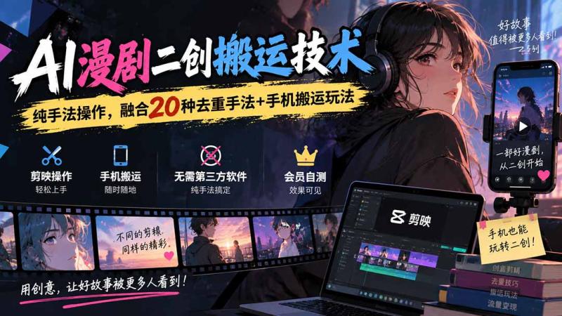 （20551期）AI漫剧二创搬运技术，纯手法操作，融合20种去重手法++手机搬运玩法
