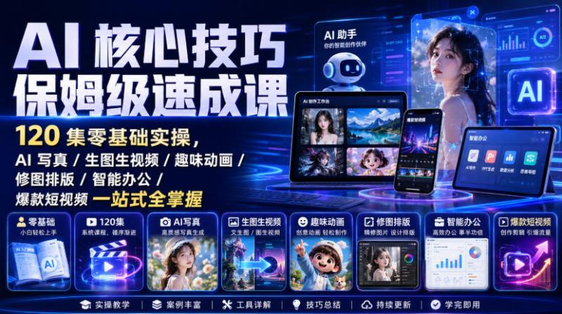 AI核心技巧保姆级速成课｜120集零基础实操，AI写真/生图生视频/趣味动画/修图排版/智能办公/爆款短视频一站式全掌握（更新）