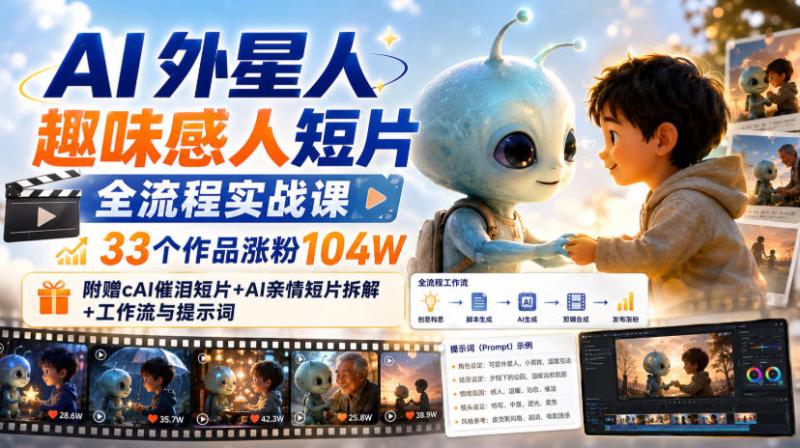 AI外星人趣味感人短片全流程实战课，33个作品涨粉104W，附赠AI催泪短片+AI亲情短片拆解+工作流与提示词