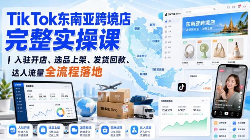 TikTok东南亚跨境店完整实操课｜入驻开店、选品上架、发货回款、达人流量全流程落地