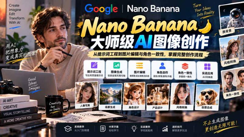 (20609期)【无水印】Nano Banana大师级AI图像实战课:从提示词工程到图片编辑与角色一致性,掌握完整创作流程