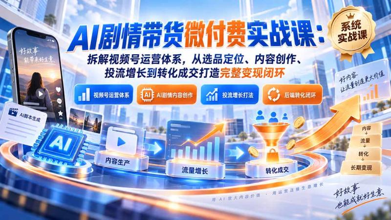 (20611期)AI剧情带货微付费实战课:拆解视频号运营体系,从选品定位、内容创作、投流增长到转化成交打造完整变现闭环