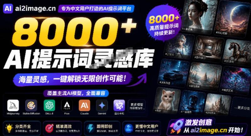 8000+AI提示词灵感库，覆盖图像生成和AI视频两大方向！专为中文创作者设计，完全免费使用AI2Image