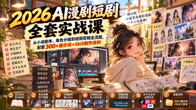 （20629期）2026AI漫剧短剧全套实战课：从小说剧本、角色分镜到视频剪辑全流程，配套300+提示词+Skill制作资料