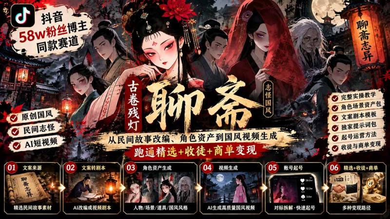 (20667期)抖音58w粉丝博主同款赛道古卷残灯聊斋:从民间故事改编、角色资产到国风视频生成,跑通精选+收徒+商单变现