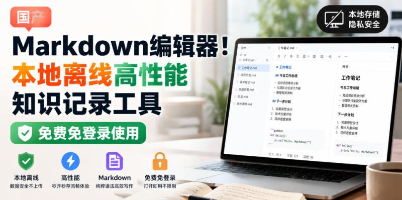 国产Markdown编辑器！本地离线高性能知识记录工具，免费免登录使用