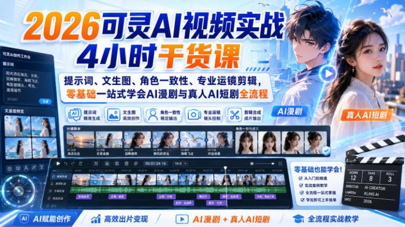 2026可灵AI视频实战4小时干货课｜提示词、文生图、角色一致性、专业运镜剪辑，零基础一站式学会AI漫剧与真人AI短剧全流程