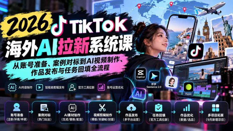 (20675期)【无水印】2026 TikTok海外AI拉新系统课:从账号准备、案例对标到AI视频制作、作品发布与任务回填全流程
