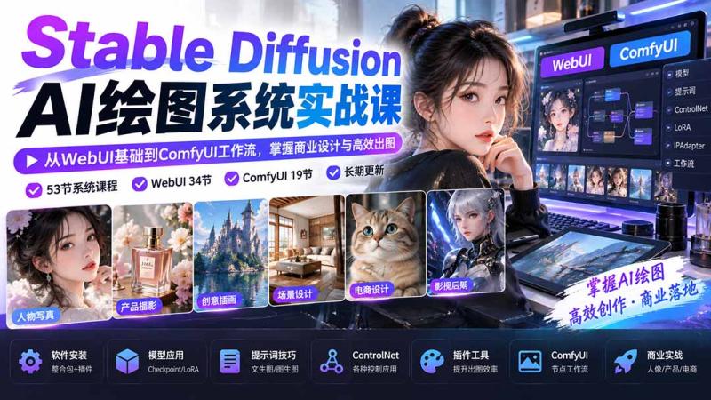 (20678期)Stable Diffusion AI绘图系统实战课:从WebUI基础到ComfyUI工作流,掌握商业设计与高效出图