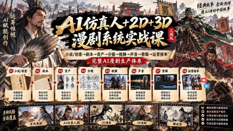 (20685期)AI仿真人+2D+3D漫剧系统实战课:小说/创意→剧本→资产→分镜→视频→声音→剪辑→运营接单,完整AI漫剧生产体系
