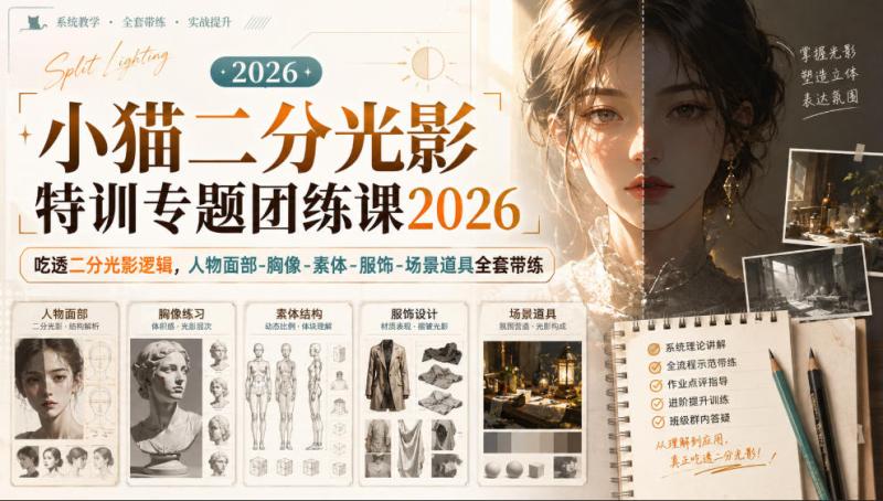 小猫二分光影特训专题团练课2026｜吃透二分光影逻辑，人物面部‑胸像‑素体‑服饰‑场景道具全套带练，高清画质附赠课件与笔刷