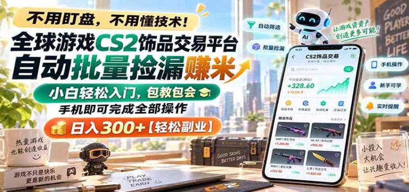 全球游戏CS2饰品交易平台自动批量捡漏赚米,手机即可完成全部操作,日入300+