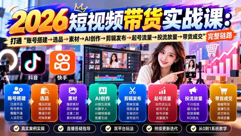 (20731期)2026短视频带货实战课9月:打通“账号搭建→选品→素材→AI创作→剪辑发布→起号流量→投流放量→带货成交”完整链路