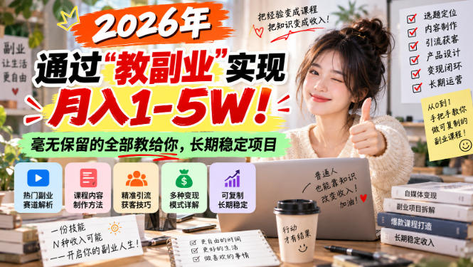 “教副业”实现月入1-5W!长期稳定,毫无保留的全部教给你!