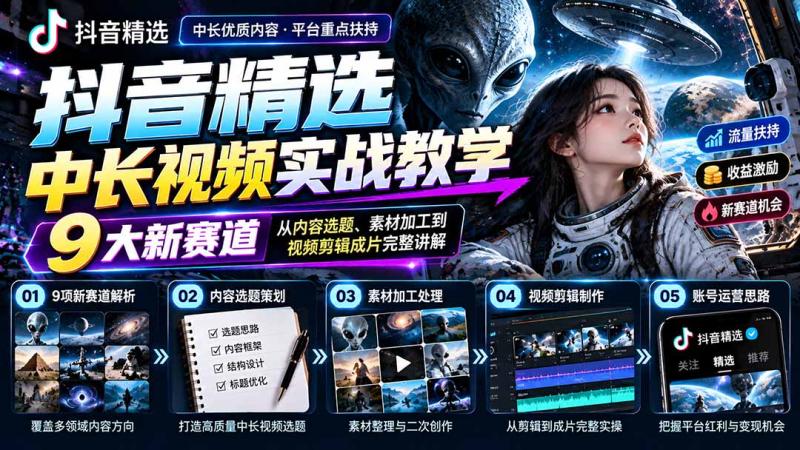 （20775期）抖音精选中长视频实战教学：拆解9项细分赛道，从内容选题、素材加工到视频剪辑成片完整讲解