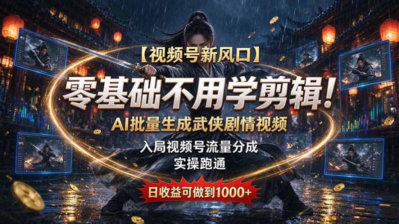 (20780期)【视频号新风口】零基础不用学剪辑!AI 批量生成武侠剧情视频,入局视频号流量分成,实操跑通,日收益可做到 1000+