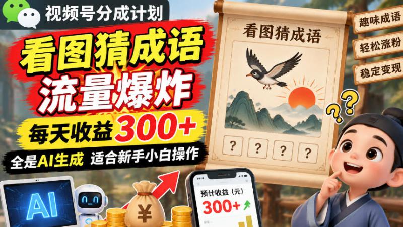 视频号分成计划：看图猜成语流量爆炸每天收益300+，全是AI生成适合新手小白操作