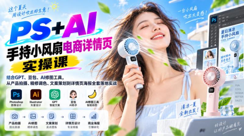 PS+AI手持小风扇电商详情页实操课｜结合GPT、豆包、AI修图工具，从产品拍摄、精修调色、文案策划到详情页海报全套落地实战