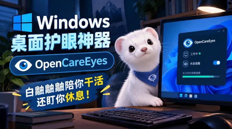 Windows桌面护眼神器OpenCareEyes，白鼬鼬鼬陪你干活还盯你休息！