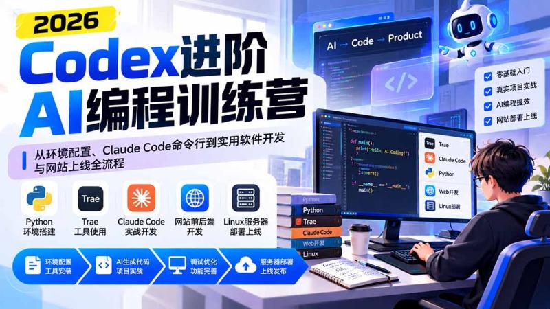 （20855期）Codex进阶AI编程训练营：从环境配置、Claude Code命令行到实用软件开发与网站上线全流程