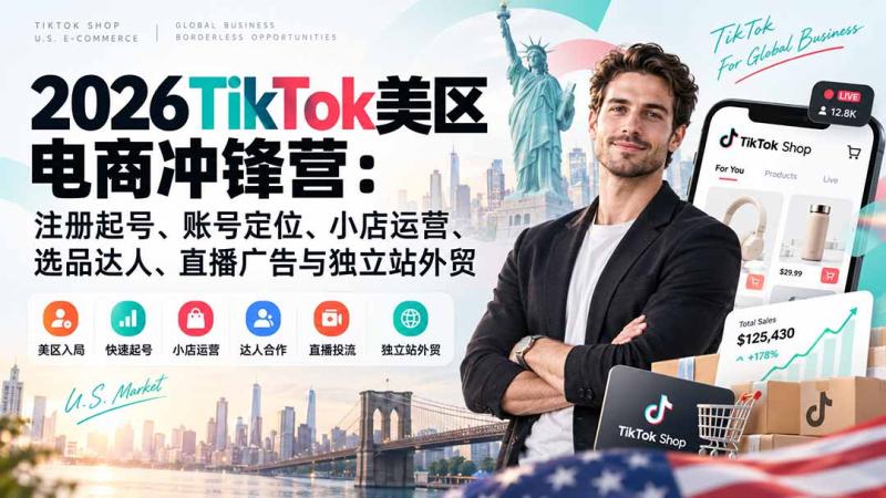 （20858期）2026TikTok美区电商冲锋营：注册起号、账号定位、小店运营、选品达人、直播广告与独立站外贸