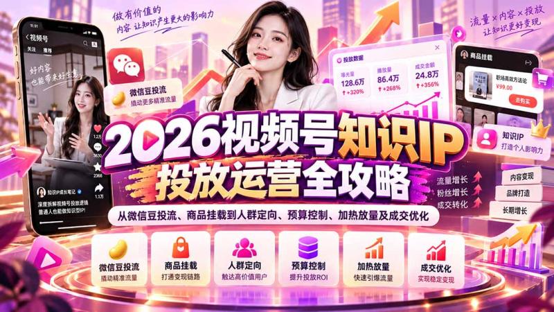 （20860期）2026视频号知识IP投放运营全攻略：从微信豆投流、商品挂载到人群定向、预算控制、加热放量及成交优化
