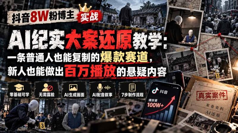 （20865期）抖音8W粉博主AI纪实大案还原教学：一条普通人也能复制的爆款赛道，新人也能做出百万播放的悬疑内容