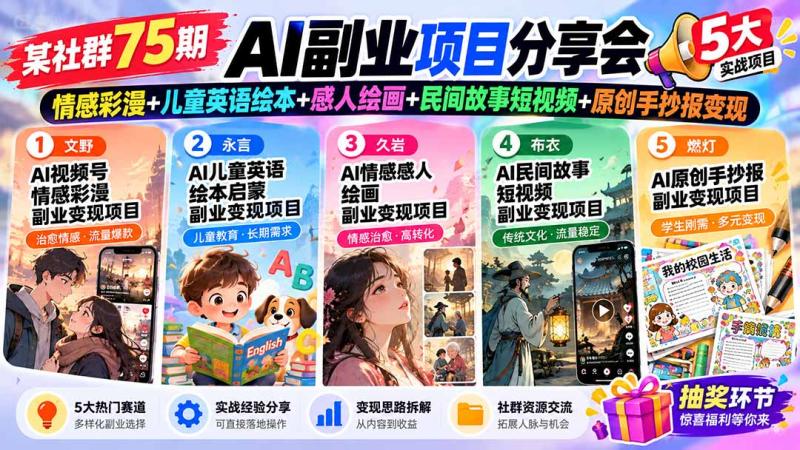 （20874期）某社群75期AI副业项目分享会：情感彩漫+儿童英语绘本+感人绘画+民间故事短视频+原创手抄报变现