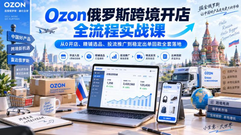Ozon俄罗斯跨境开店全流程实战课｜从0开店、精铺选品、投流推广到稳定出单回款全套落地