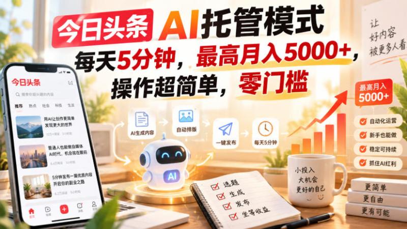 今日头条AI托管模式，每天5分钟，最高月入5000+，操作超简单，零门槛【揭秘】