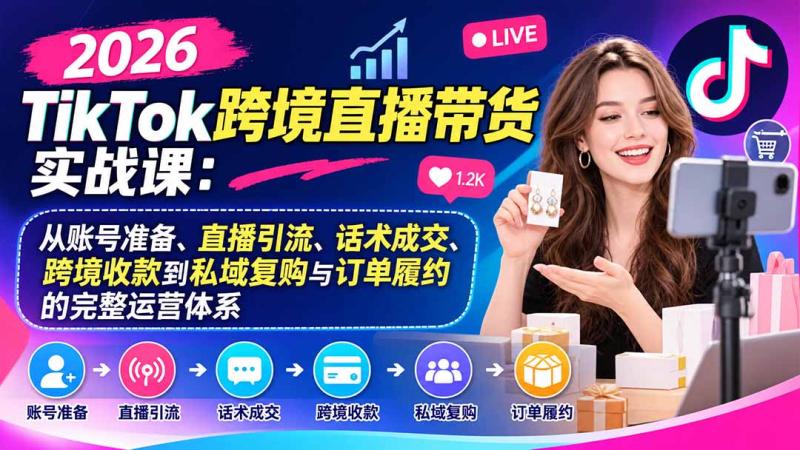（20898期）2026TikTok跨境直播带货实战课：从账号准备、直播引流、话术成交、跨境收款到私域复购与订单履约的完整运营体系